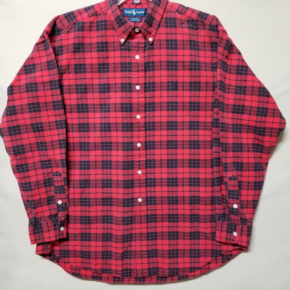 Ralph Lauren Blake Cotton Size L Flannel Blue Red Plaid Shirt Pony Logo